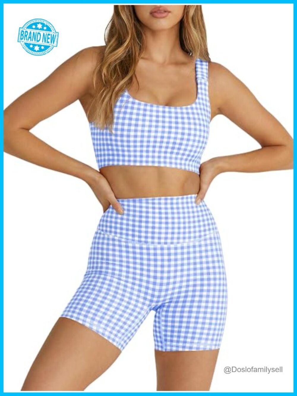 Gingham 2-Piece Crop Tank & High Waist Shorts Set Padded Open Back Yoga